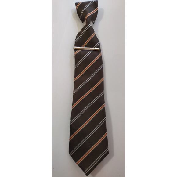 Adrienne Vittadini Tie Brown, Diagonal Orange Stripes With Tie Clip Fall Colors - Picture 2 of 10